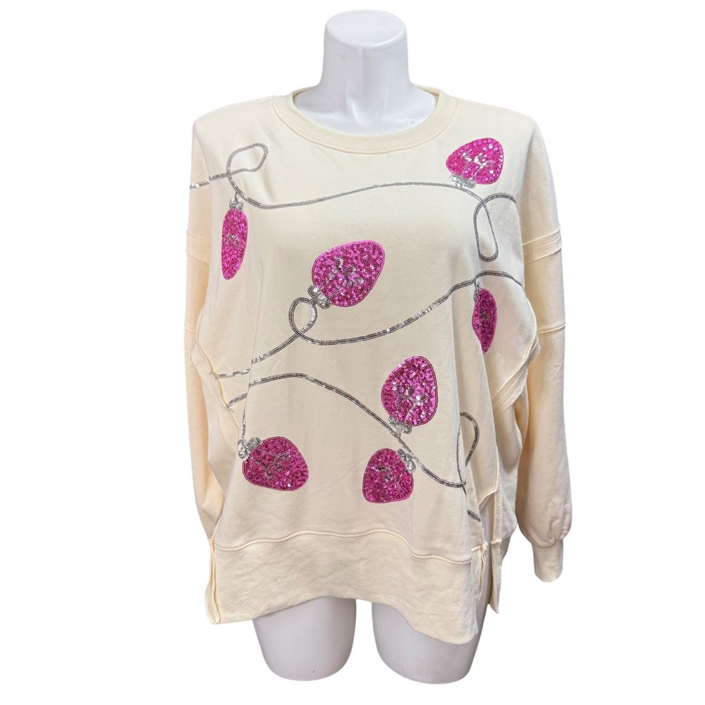Peach Love California Womens Cream Pink Sequin Christmas Lights Sweatshirt L